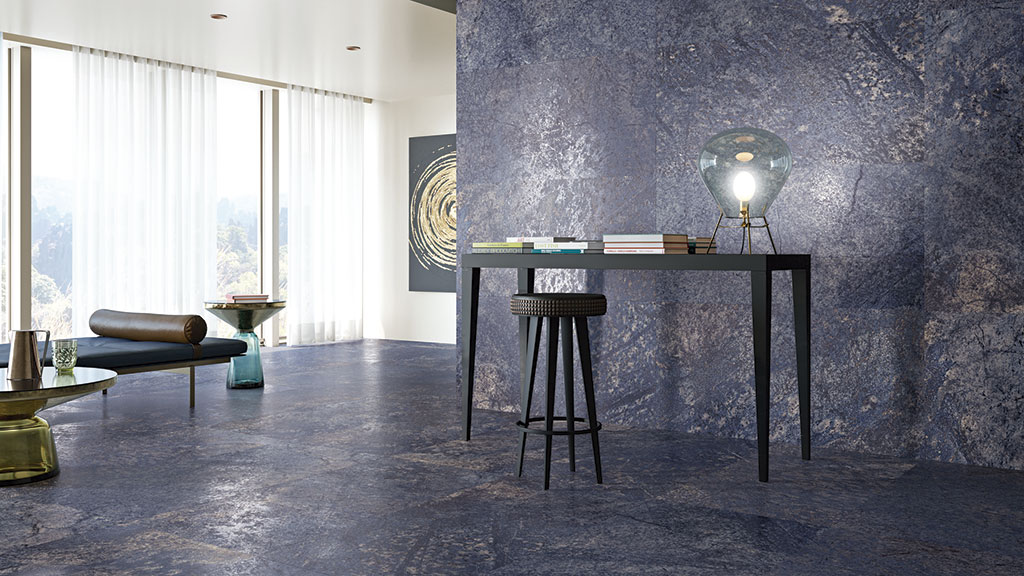 Salon minimaliste en grès cérame effet marbre
