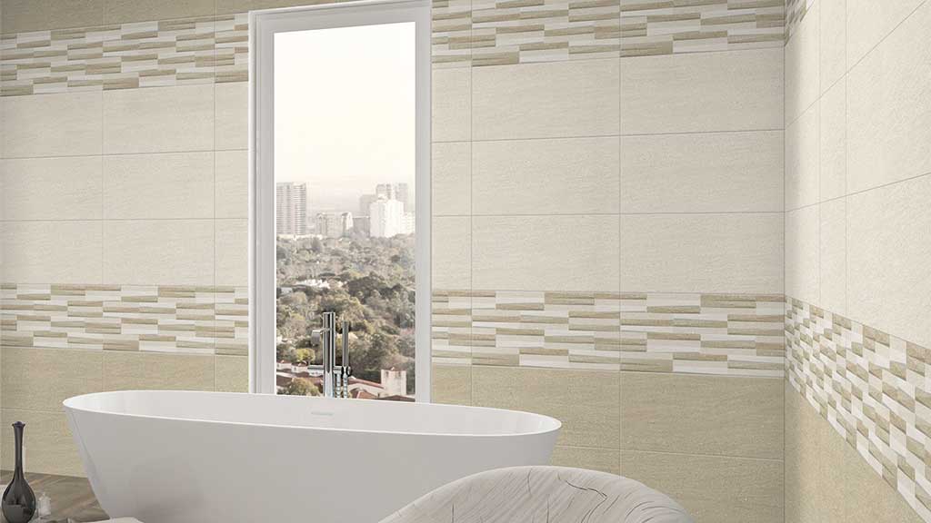 Beige and white bathroom tile combination