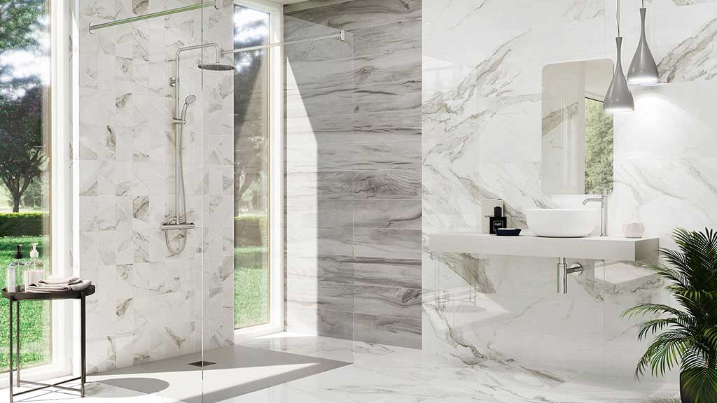 Imitation marble bathroom tiles