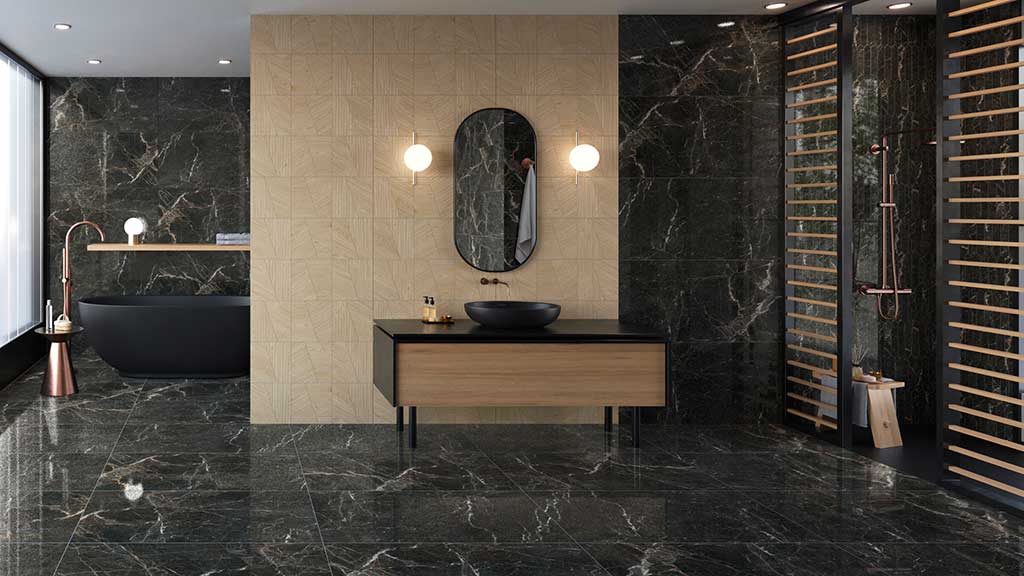 Combinaison de carreaux de salle de bains de couleur noire de la collection Cervino