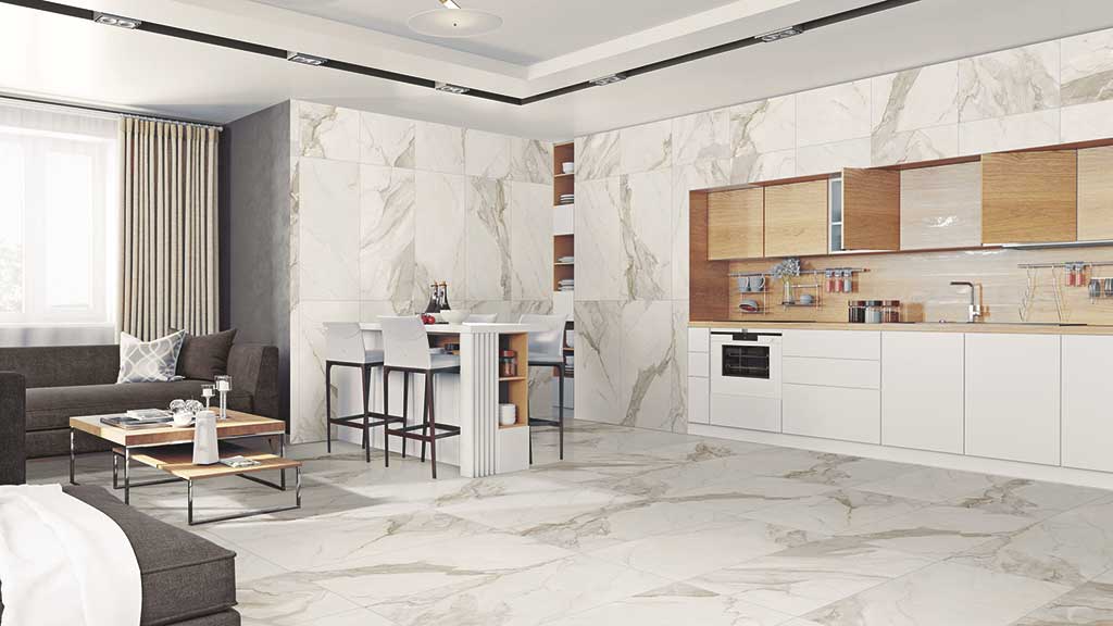 Large format porcelain tile kitchen Calacatta Collection
