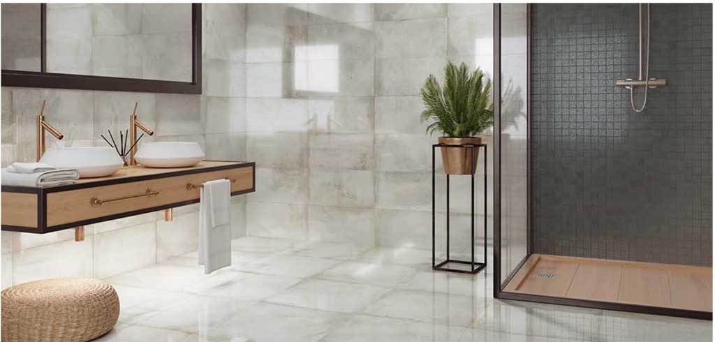 Non-slip porcelain tile bathroom floor imitating marble: AZTECA, San Francisco Collection