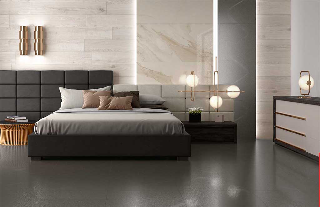 Porcelain tile floors with dark gray gloss: AZTECA, Akila LUX Collection