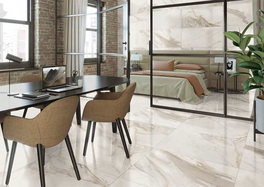 Glossy porcelain tile flooring: AZTECA, Calacatta Lux Collection