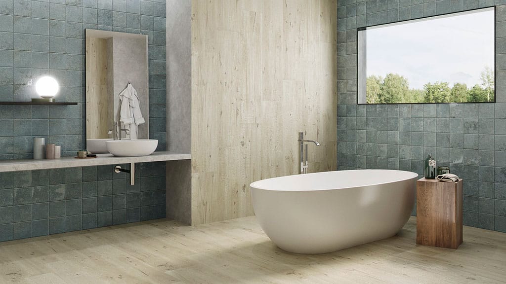 Decorating bathrooms combining wood and single-color tiles: AZTECA Cerámica, Heritage and Barrica Collections 