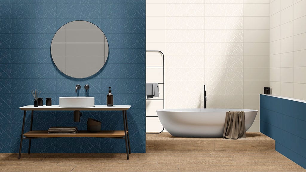 Décoration de salles de bains modernes avec des carreaux unicolores et du bois : collections AZTECA Cerámica, Palette et Barrica