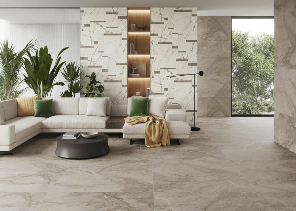Visual properties of marble in living rooms: AZTECA Cerámica, Invisible White from Marblefull Collection