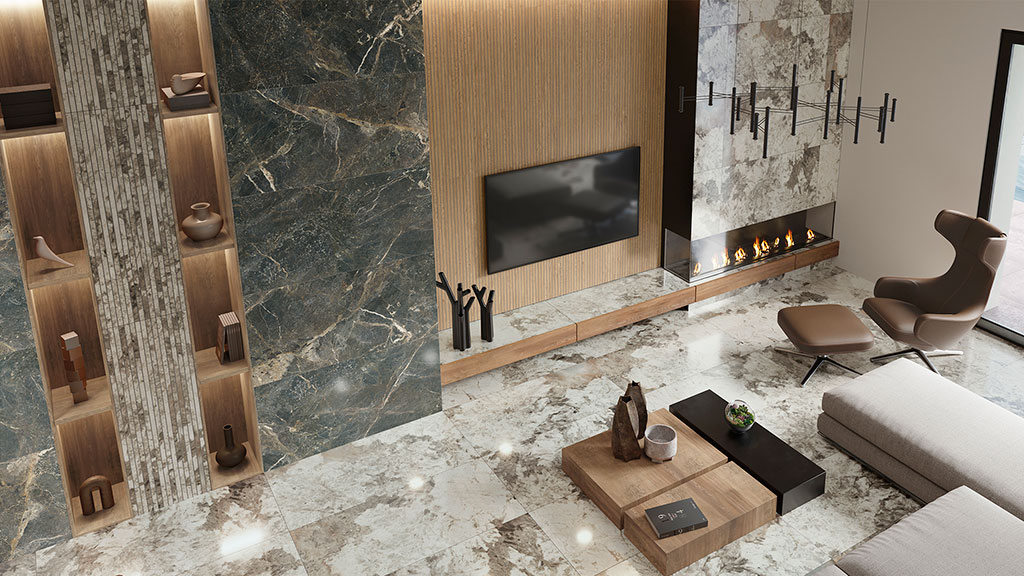 Modern combination with wood tiles and glossy marble: AZTECA Cerámica, Legno and Marblefull Lux Collections.
