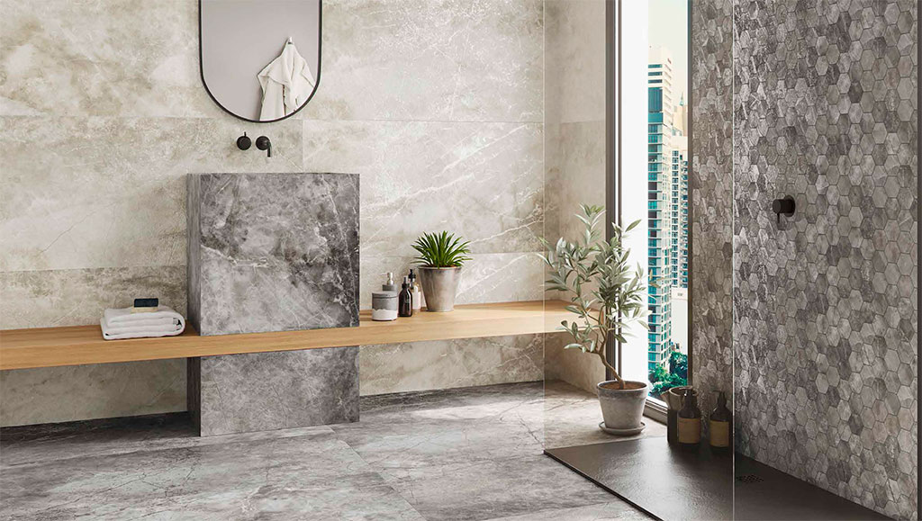 Various sizes of marble porcelain tiles: AZTECA Cerámica, Nagoya Collection