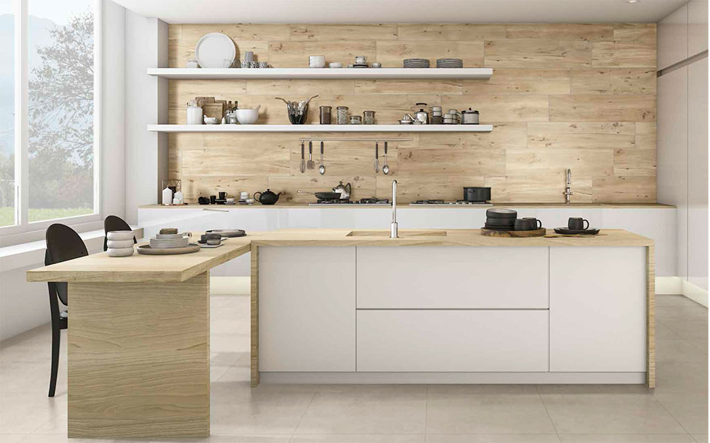 Total elegance with rectified porcelain wood kitchen: AZTECA Cerámica, Barrica Collection