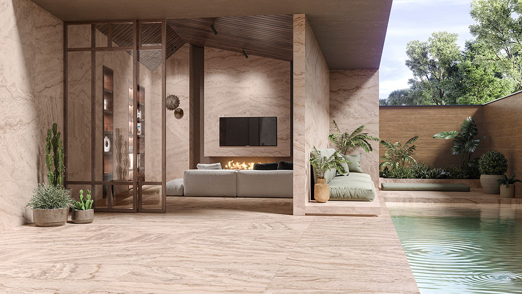 Total elegance with rectified marble porcelain tile for outdoor areas: AZTECA Cerámica, Travertine Collection