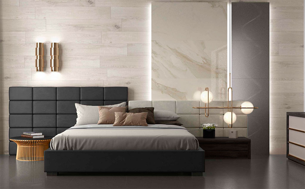 Porcelain tiles imitating wood, metal and marble with gloss: AZTECA Cerámica, Colecciones Delhi, Akila LUX and Calacatta LUX.