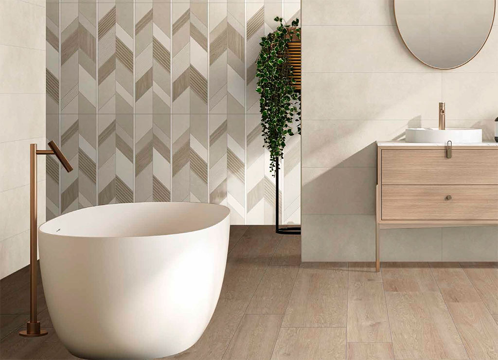 Minimalism with decorative tiles: AZTECA Cerámica Plaster and Nebraska Collections