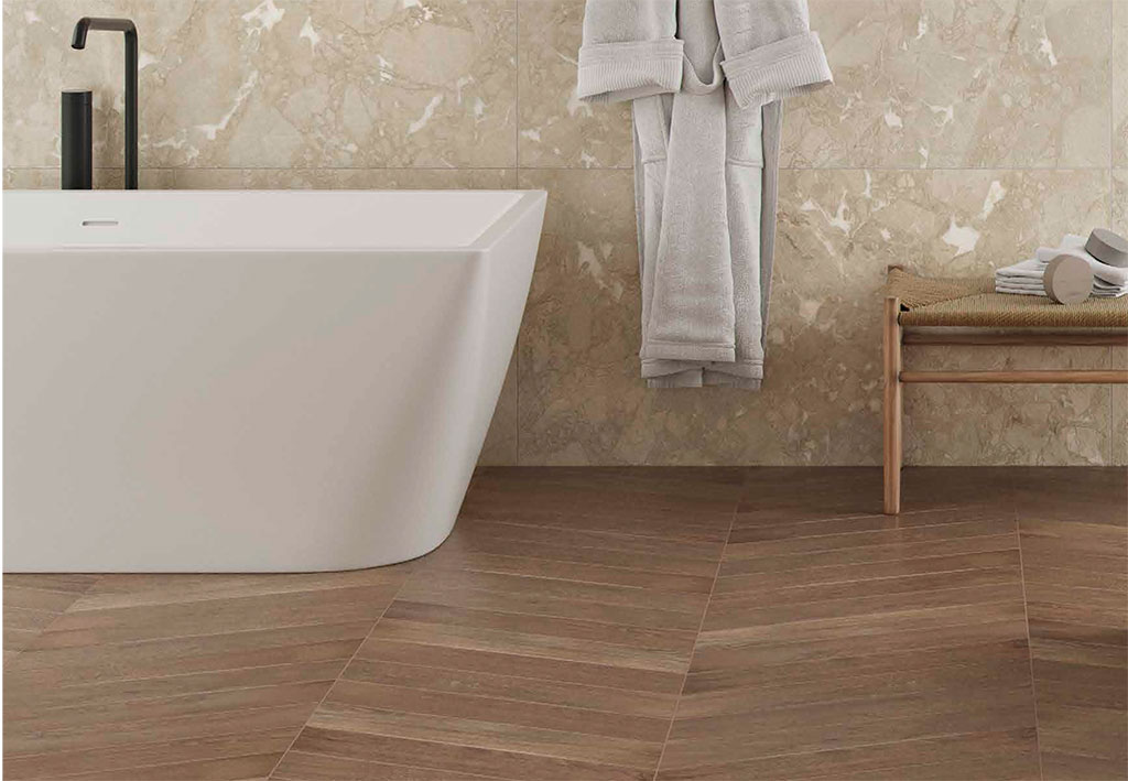 Minimalism with marble and wood effect tiles: AZTECA Cerámica Collections Nantai and Nebraska