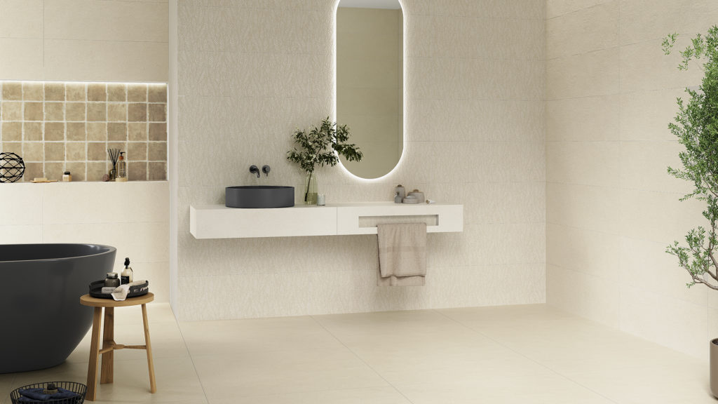 Natural finishes in bathroom tiles: Portopetro collection